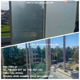 Warszawa - usługa zrywania folii z witryn- demontaż zniszczonej folii, usuwanie kleju, mycie szyb Warszawa TEL.790-028-159 Folkos