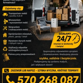 Opróżnianie mieszkań, piwnic,garaży, transport mebli/AGD, przeprowadzki 