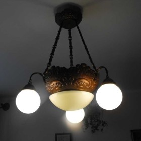 Oryginalny, miedziany żyrandol/lampa z kloszami