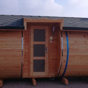 Sauna ogrodowa BECZKA 6 m NIEPOWTARZALNA, ściana ze szkła żaroodpornego