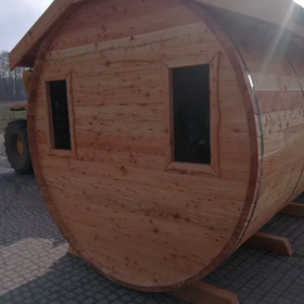 Sauna ogrodowa BECZKA 6 m NIEPOWTARZALNA, ściana ze szkła żaroodpornego