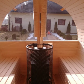 Sauna ogrodowa BECZKA 6 m NIEPOWTARZALNA, ściana ze szkła żaroodpornego