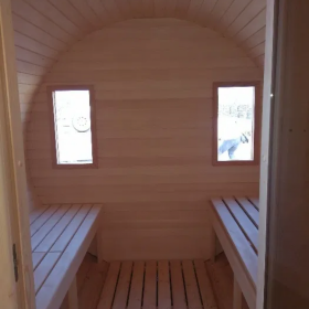 Sauna ogrodowa BECZKA 6 m NIEPOWTARZALNA, ściana ze szkła żaroodpornego